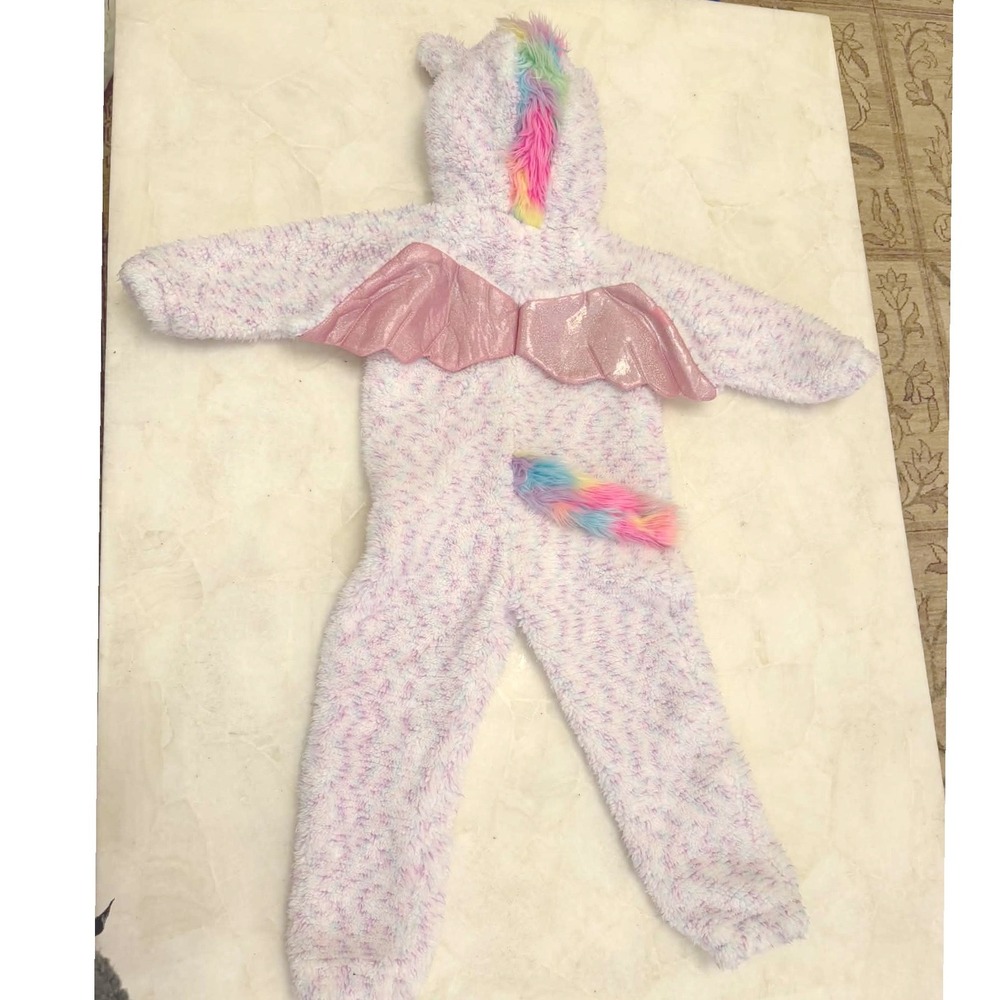 Kids Unicorn Costume Jumpsuit with Wings Rainbow Mane Tail White Pink 4-5T